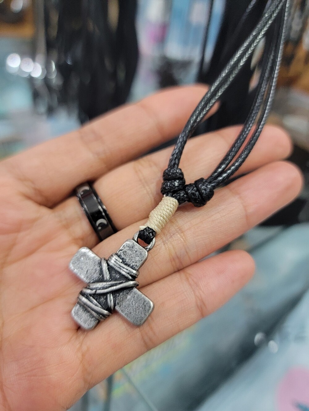 Men's Black Cord Cross Pendant Necklace - Rustic Silver Accent